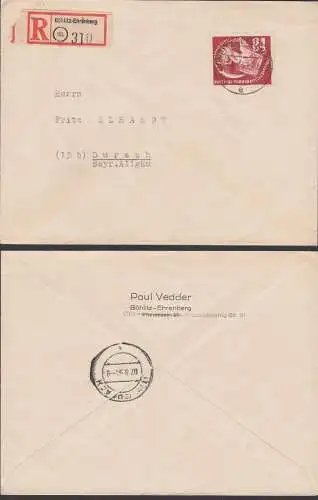 DEBRIA 84+41 Pf 1950 Erdkugel Friedenstaube DDR 260, R-Brief Böhlitz-Ehrenberg nach Durach, portogenau 4.8.50