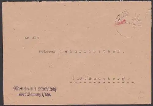 Räckelwitz üb. Kamenz  23.12.45 Brief mit  Z1 Barfreimachung vom Malteserstift an Meierei in Radeberg (11 Pkte Skupin)