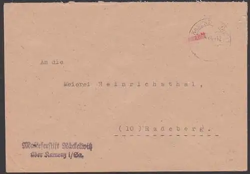 Räckelwitz üb. Kamenz  23.12.45 Brief mit  Z1 Barfreimachung vom Malteserstift an Meierei in Radeberg (11 Pkte Skupin)