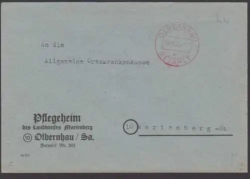 Olbernhau 22.11.45 Brief mit  Barfreimachung vom Pflegeheim nach Marienberg