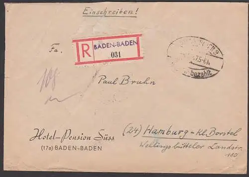 Baden-Baden R-Brief Gebühr bezahlt Oval nach Hamburg Kl. Borstel, von Hotel-Pension Süss