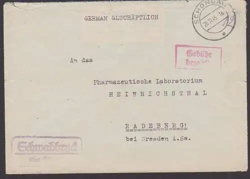 Schwabbruck über Schongau 26.11.45, Gebühr bezahlt R2 rot nach Radeberg, Abs. Bayrische Molken Präparate