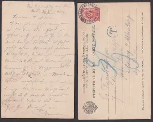Russland otkrytoe pismo carte postale 3.6.1884 Bahnpost Waggon Nr. 15 nach Geising bei Altenberg mit Taxe