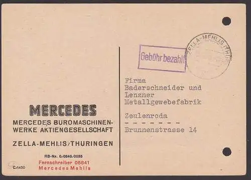 Gebühr bezahlt 30.7.45 R1 violett Barfrankatur Zella-Mehlis Mercedes Büromaschinenwerke, Aktenlochung