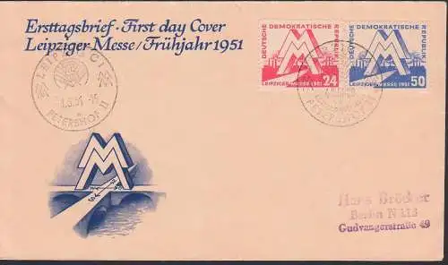 Leipziger Messe 1950 SoSt. Ersttagsstempel Petershof, "MM" vor Industrielandschaft DDR 282/83, offizieller Umschlag