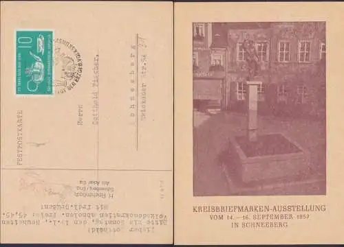 Schneeberg SoSt. Stadt der erzgebirgischen Volkskunst, AK mit Denkmal Bergmann 12.1.61, 10 Pf. Jena-Glas Ortskarte