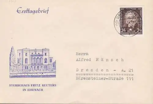 Fritz Reuter Eisenach Sterbehaus niederdeutscher Schriftsteller FDC DDR 430 mit Tagesst. Dresden