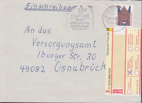 Lübeck Holstentor BRD 510 Pf R-Brief MWSt. Osnabück Westfälische Frieden Mi. 1938 Einfachfrankatur Bedarfsverwendung