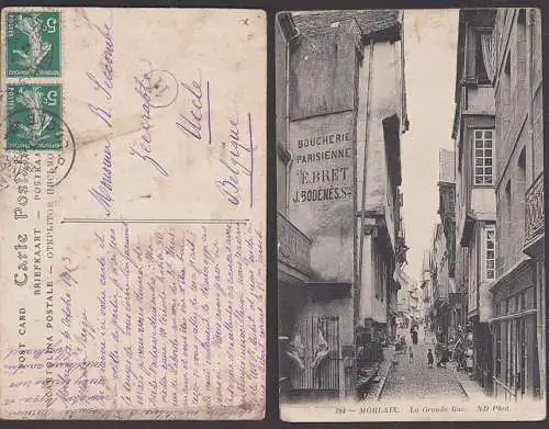 morlaix La Grande Rue Bretonisch Card nach Uecle Belgien 1913, boucherie parisienne
