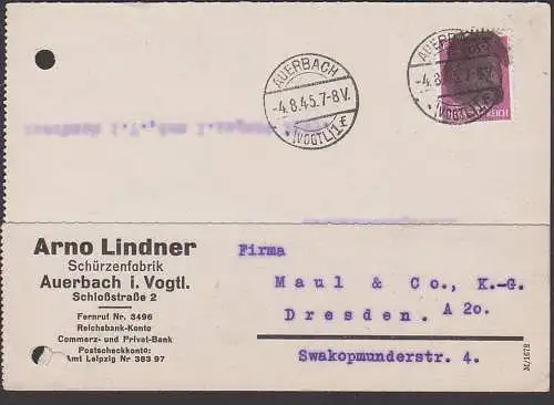 Auerbach (Vogtland) 4.8.45, Karte mit 6 Pfg. Hitler, unkenntlich gemacht "Sächsische Schwärzungen" n .Drsden, Schürzen