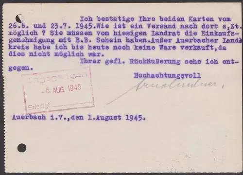 Auerbach (Vogtland) 4.8.45, Karte mit 6 Pfg. Hitler, unkenntlich gemacht "Sächsische Schwärzungen" n .Drsden, Schürzen