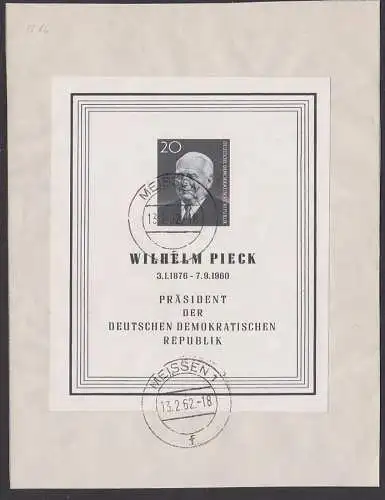 Wilhelm Pieck 20 Pfg. Block DDR Bl. 16, auf Unterlage gest. Meissen 13.2.62