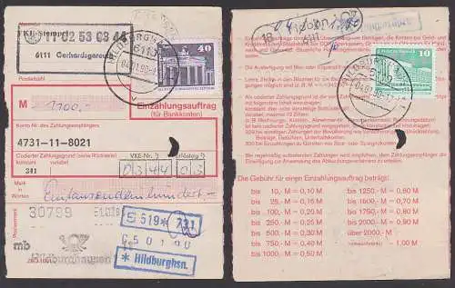 postintern Einzahlungsauftrag, Gerhardsgereuth 40 Pfg. Brandenburger Tor Berlin, DDR 541 PSSt. (18) Hildburgausen
