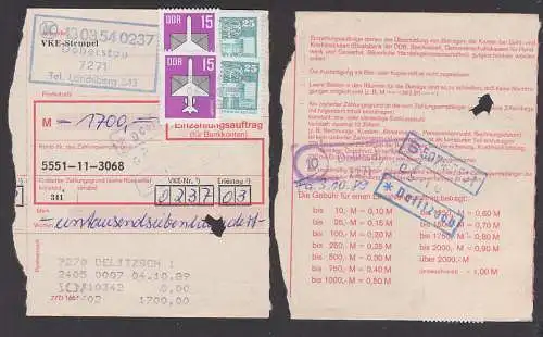 Doberstau, postintern Einzahlungsauftrag 4.10.89 DDR 541 PSSt. (10) Delitzsch, Registrierentwertung Stammteil
