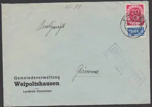 Weipoltshausen Schweinfurt 20 Pfg. Ziffer und NO, ungültig in die DDR Grimma und nicht entfernt PSSt. Gemeindeverwaltung