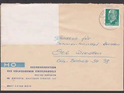 Dresden Ortsbrief HO-Einzelhandel für ZKD vorgesehen, R4 Bezirksdirektion zugeklebt und mit normaler Post aufgegeben