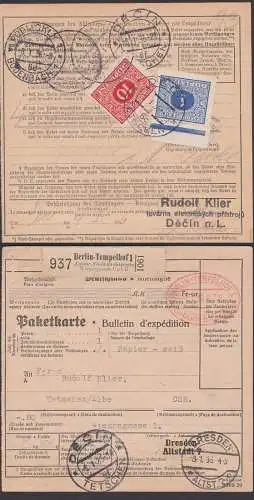 Paketkarte Berlin-Tempelhof  mit ovalem "Gebühr bezahlt"-St. 7.1.36 üb. Dresden nach Tetschen, "Calora" Fabrik Wärmeapp.