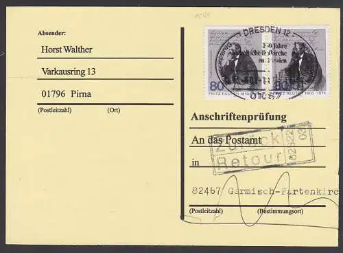 Fritz Reuter Anschriftenprüfung nach Garmisch-Partenkirchen  BRD 1263 (2) portogenau
