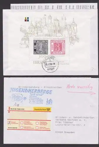 Blindensendung R-Brief mit EF des Blockes "150 Jahre Briefmarken" portogenau mit Einl.-Schein Dresdn 4.12.2000