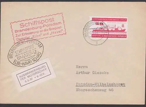 Schiffspost Brandenburg-Potsdam Dampfer "Elbe" und "Havel", Motorschiff 5.5.67 20 Pfg. Messe1957, Motorfrachtschifff