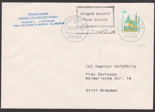 Notmaßnahme aus Mängel an PWZ nach Portoerhöhung Dresden "Entgelt bezahlt Taxe percue" 18.11.97,  BRD 1406C