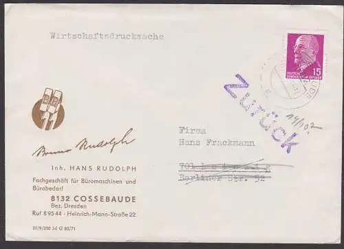 DDR Wirtschaftsdrucksache mit "zurück" von Cossebaude Büromaschinen - Firma erloschen 13.10.71 15 Pfg. W. Ulbricht