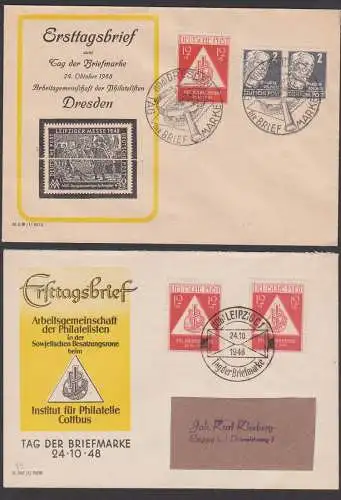 Tag der Briefmarke 1948 zwei Belege mit SoSt. Dresden bzw Leipzig zum Anlass