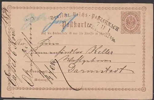 Bahnpost Eisenach - Frankfurt am Main Deutsches Reich Ganzsache ein halber Groschen, 1874 nach Darmstadt
