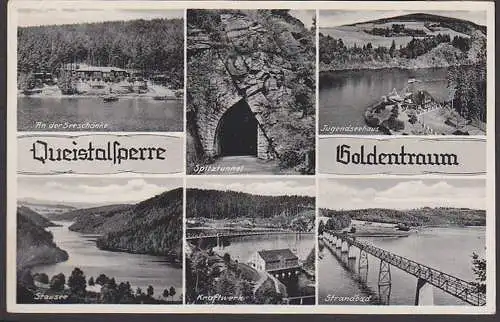 Isergebirge Schlesien Queistalsperre Goldentraum Ak mit Bahnpostst. Kraftwerk Strandbad Seeschänke Spitztunnel 1944