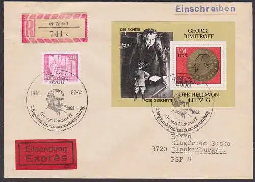 Geodrgi Dimitroff DDR 2708 Zeitz Eil-R-Brief portogenau SoSt. 19.9.82, Der Richter der Geschichte