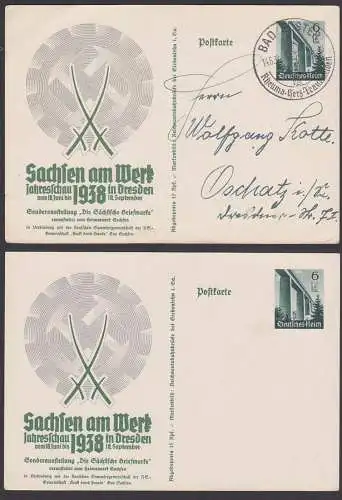 Sachsen am Werk Jahresschau 1938 zwei 6 Pfg. Bildpost-GA P270, SoSt. Bad Elster 14.6.32, rs. viel Text