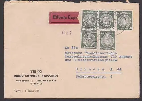 STASSFURT Eil-Doppelbrief 1.3.57 nach Dresden, VEB(K) Ringstanzwerk, K für kreisverwaltet