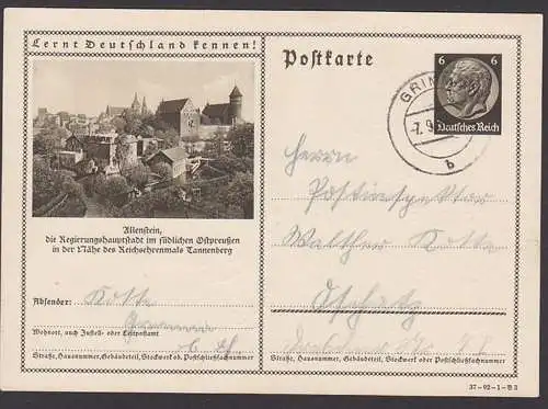 Allenstein südliches Ostpreussen nähe Tannenberg Bildpostkarte 6 Pfg. Lernt Deutschland kennen Grimma
