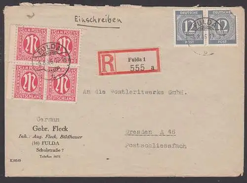 Fulda R-Brief 5.8.46 Alt-Stpl. 15 Pf (4) AMP in MiF mit 12 Pfg(2) Ziffer grau nach Dresden, eine Marke defekt