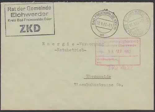 EICHWERDER Rat der Gemeinde Kreis Bad Freienwalde / Oder ZKD-Brief 18.9.63, R4 in schwarz statt violett