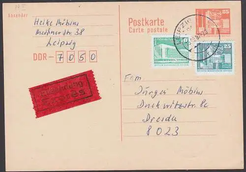 Eil-Inlandspostkarte, Ganzsache DDR P87I portogenau 15.5.87 Leipzig nach Dresden, rs Eingangsst.