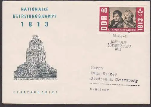 Scharnhorst und Kutosow 40 Pfg. Nationaler Befreiungskampf 1813 Doppelbrief mit DDR 992 portogenau. Völkerschlachtdenkm.