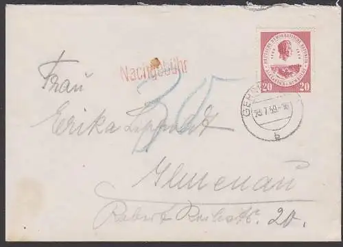 "Nachgebühr" Gehren 20 Pfg. Alexander v. Humboldt 23.7.59, Brief war zu schwer! 20 Pfg. fehlte plus 10 Pfg. Strafgebühr