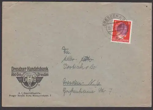 Dresden Sächsische Schwärzung 8 Pfg. 22.6.45 Ortsbrief, Abs. Dresdner Handelsbank portogenau nach Gültigkeitsende 20.6.