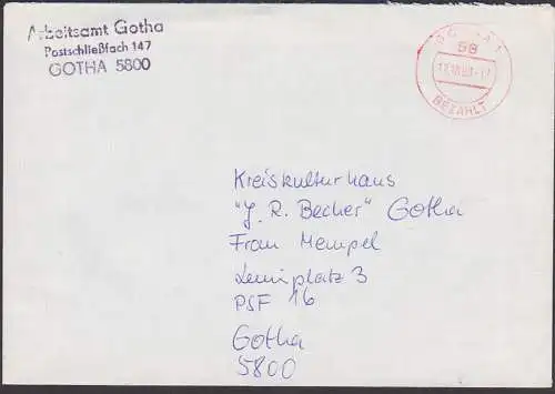 Gotha BEZAHLT 17.10.90, Arbeitsamt, Barfrankatur wegen Markenmangel