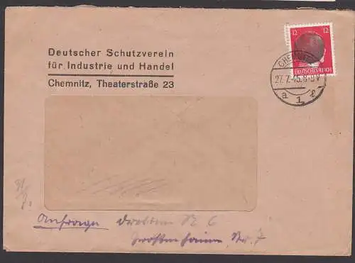 Chemnitz Sächsische Schwärzung 12 Pfg. 27.7.45 nach Dresden mit Adress-Anfrage, Dt. Schutzverein für Industrie/Handel