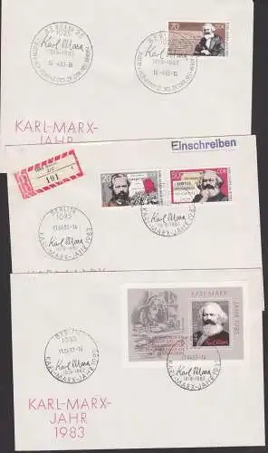 Karl Marx zum 100. Todestag 1983 DDR 3 Briefe mit SoSt. Berlin Karl-Marx-Jahr mit Block