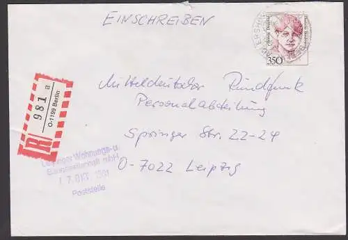 R-Zettel BERLIN O-1199 (mit "O" vor Postleitzahl für Verkehrsgebiet Ost), R-Brief  Berlin-Adlershof BRD 1393