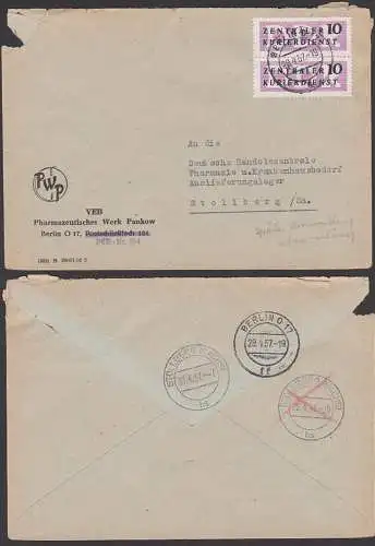 Pharmazeutisches Werk Pankow Berlin O17 ZKD-Nr. 164 10 Pfg. (2) späte Verwendung 29.4.57 nach Stollberg, Bf Einrisse