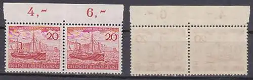 Helgoland Rückgabe der Insel Hochseedampfer, 20 Pf. postfrisch BRD 152, Paar mit Oberrand