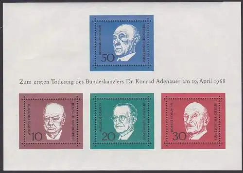 Konrad Adenauer, erste Todestg 19.4.1968, Block 4 postfrisch BRD, Bundeskanzler, Sir Winston Churchill