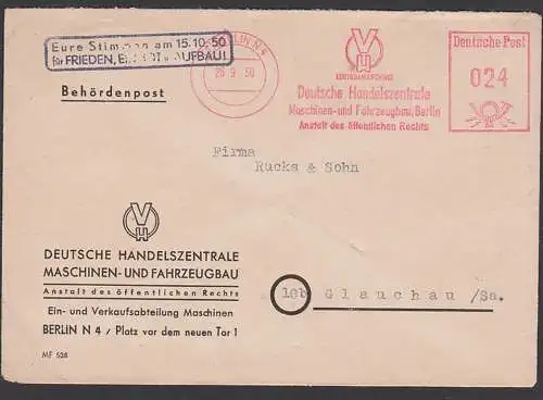 Propaganda "Eure Stimme am 15.10.50 für Frieden, Einheit und Aufbau!" Berlin DHZ Anstalt des öffentlichen Rechts