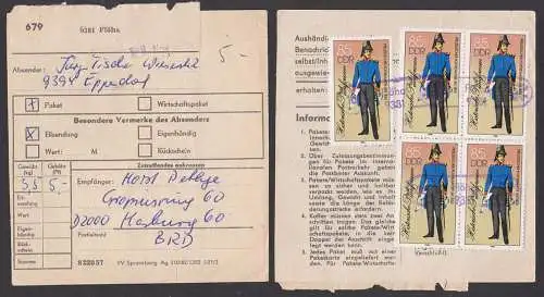 Paketkarten-Stammteil Eil-Sdg nach der BRD  Flöha mit PSSt. (16) Eppendorf mit 85 Pfg. (5) Postuniformen DDR 2999