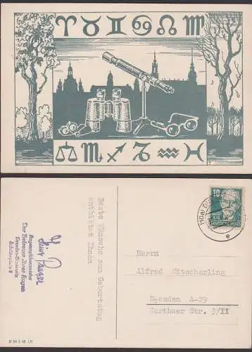 Dresden Fernrohr, Feldstecher Brille Optik Frauenkirche - Werbekarte eines Augenoptikermeisters, Ortskarte August Bebel