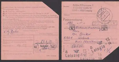 Leipzig 14 DDR postintern Postanweisung nach Urbach PSSt. 64 Nordhausen 23.6.81